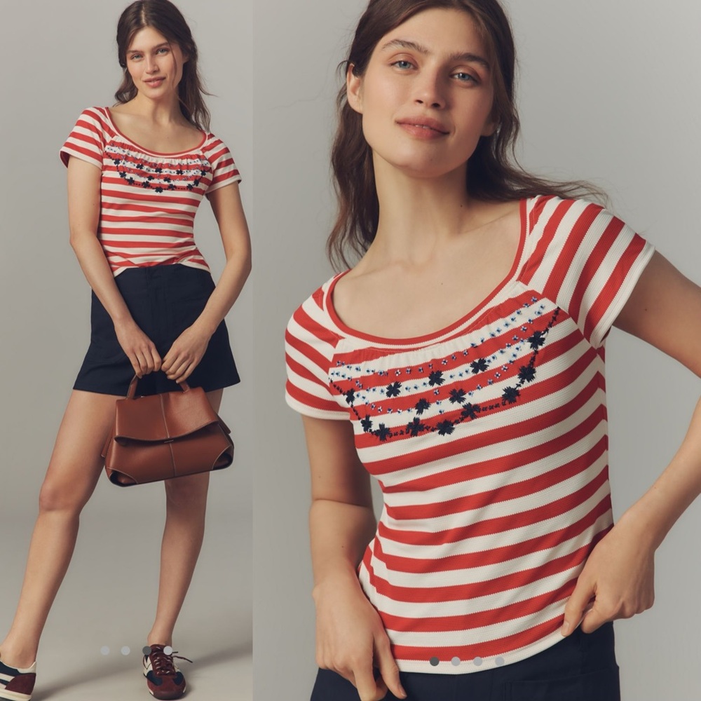 Maeve embroidered flowers scoop neck tee